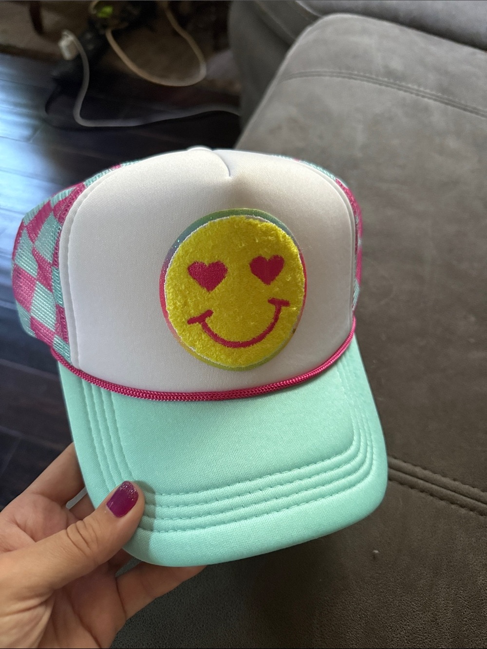 Smile Trucker Hat with Heart-Eyes beach boho summer spf sun outdoor fun pink